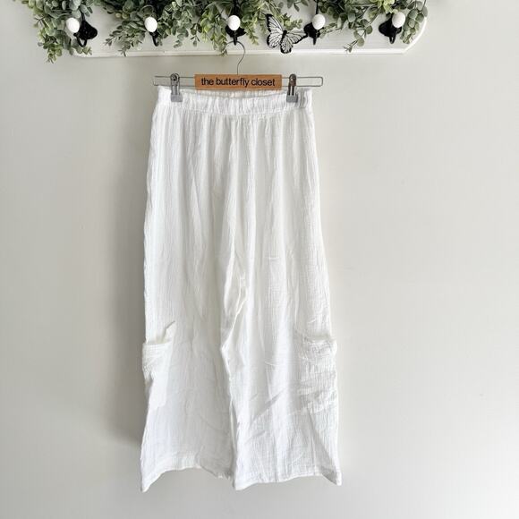 Bryn Walker White Guazy Wide Leg Crop Cargo Pull On Pants Small Lagenlook Cotton - Picture 1 of 4